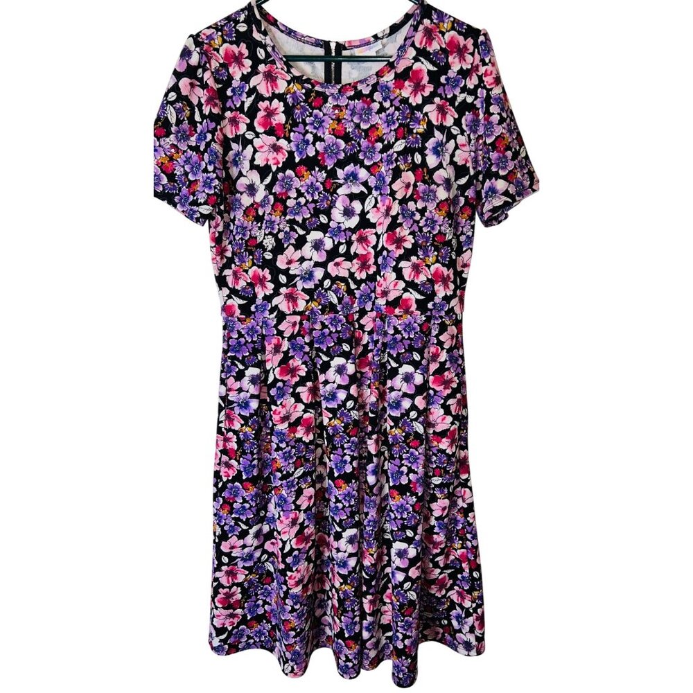 LuLaRoe Floral Short-Sleeve Fit & Flare Dress Pink Purple Large